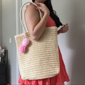 Big Woven Straw Tote Hand Bag with Pink Accents